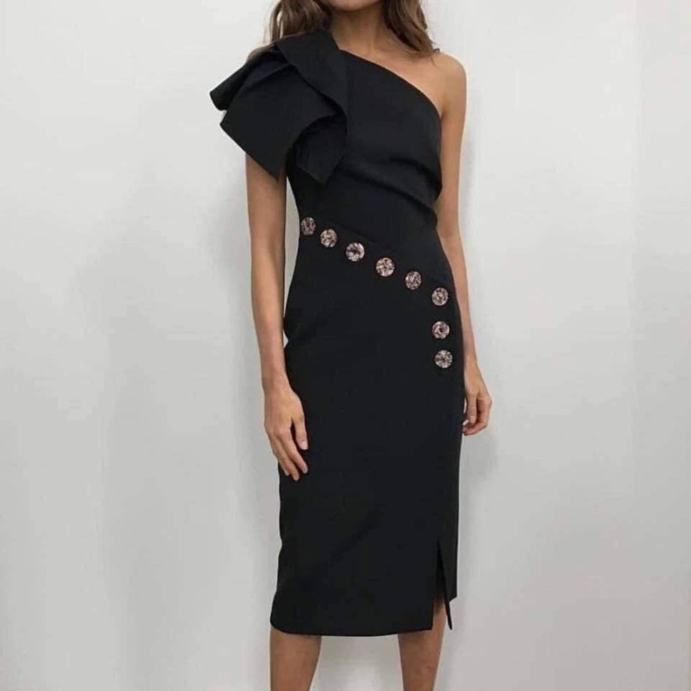 Acler Black One-Shoulder Midi Dress with Floral Buttons
